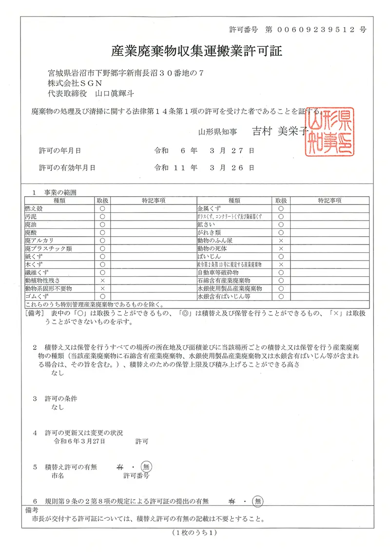 山形県 産業廃棄物収集運搬業許可